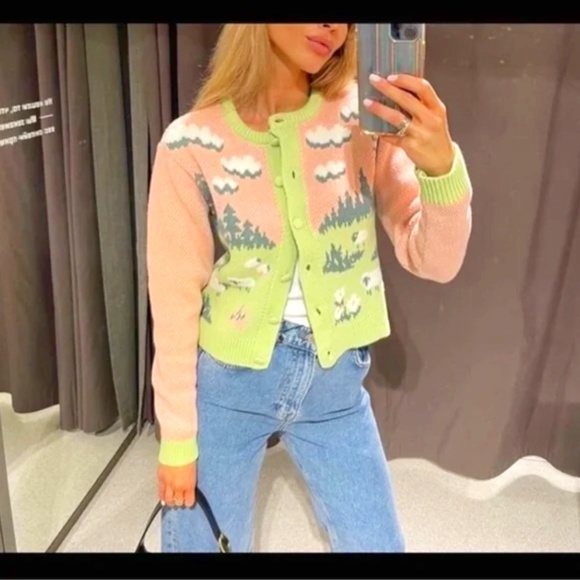 Nwt Zara Sheep Story Pastel Pink and Green Women's Sweater - Picture 1 of 11
